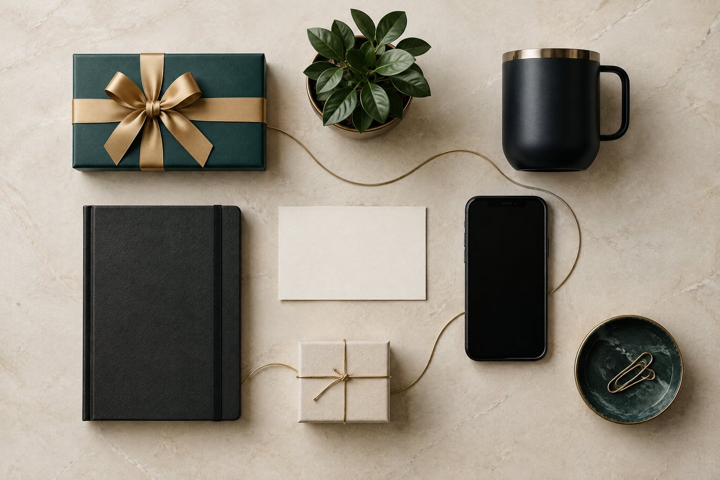 A curated set of unbranded corporate gifts arranged in a precise editorial composition.