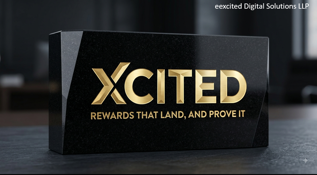A black Xcited plaque with gold lettering.
