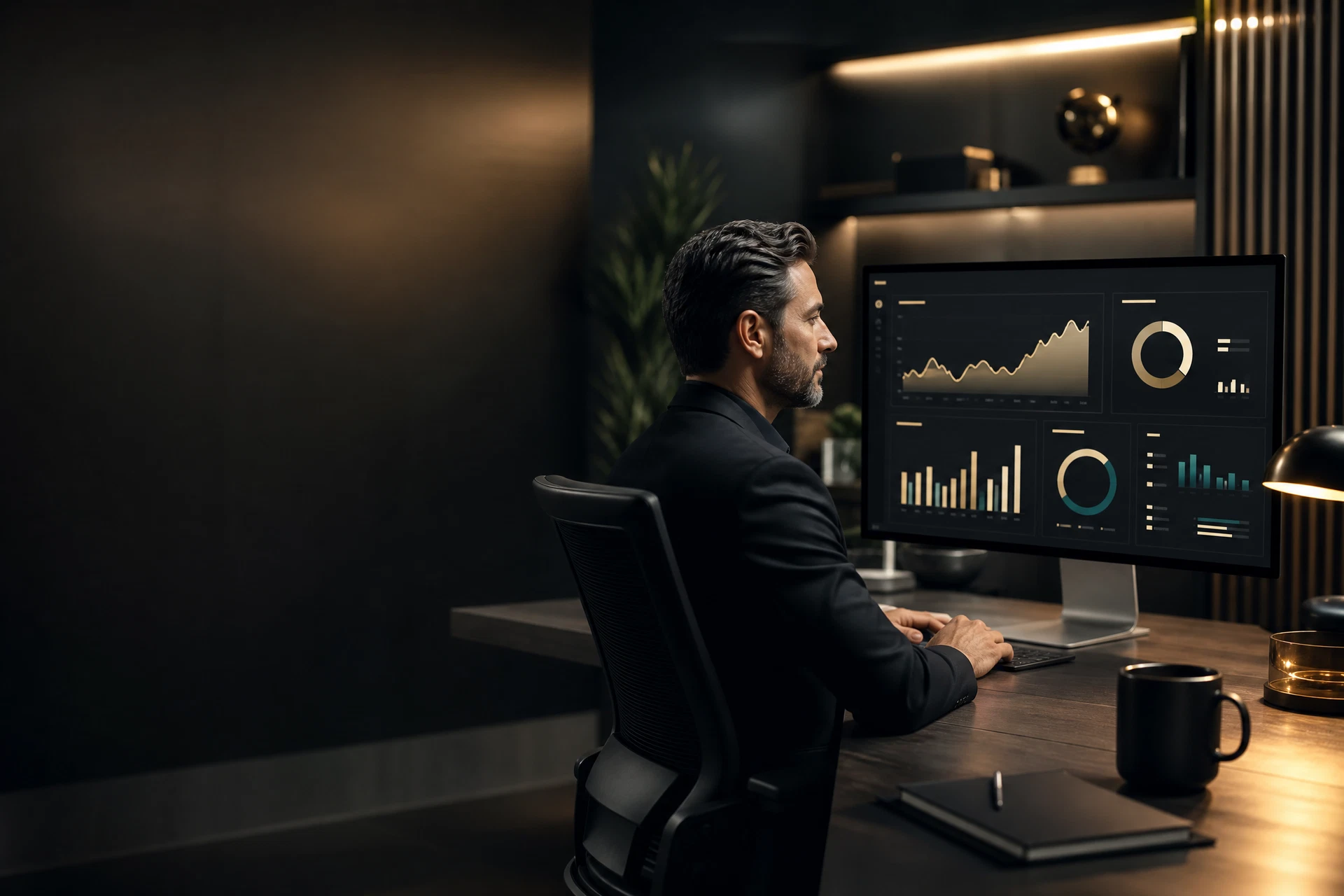 A professional reviewing an analytics dashboard in a dark workspace.